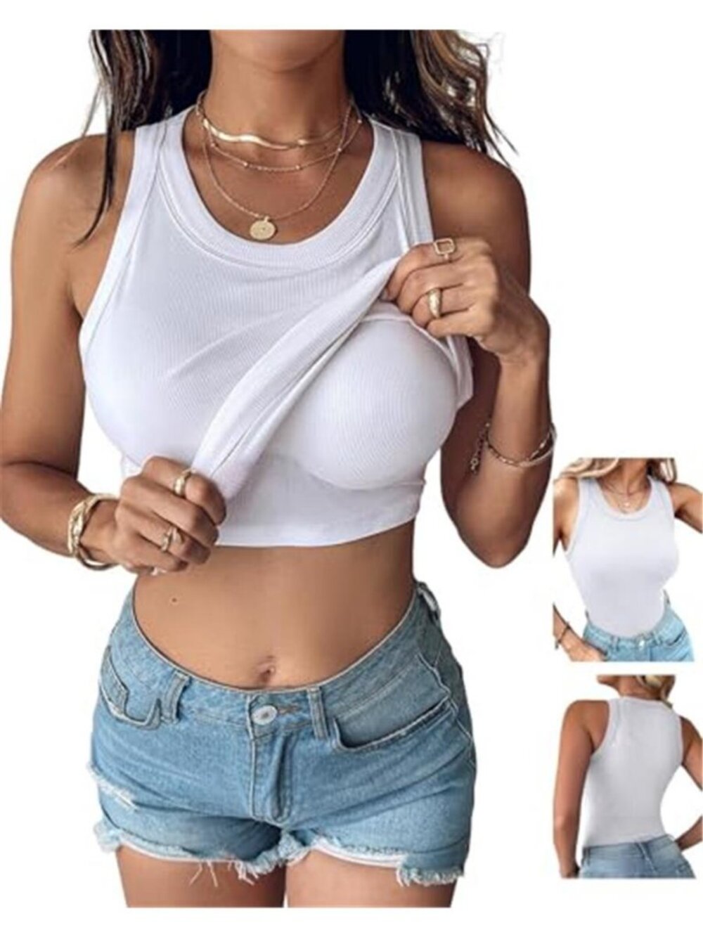 CHICME Built-In Bra Ribbed Tank Top White Sleeveless Racerback Casual Crop Top